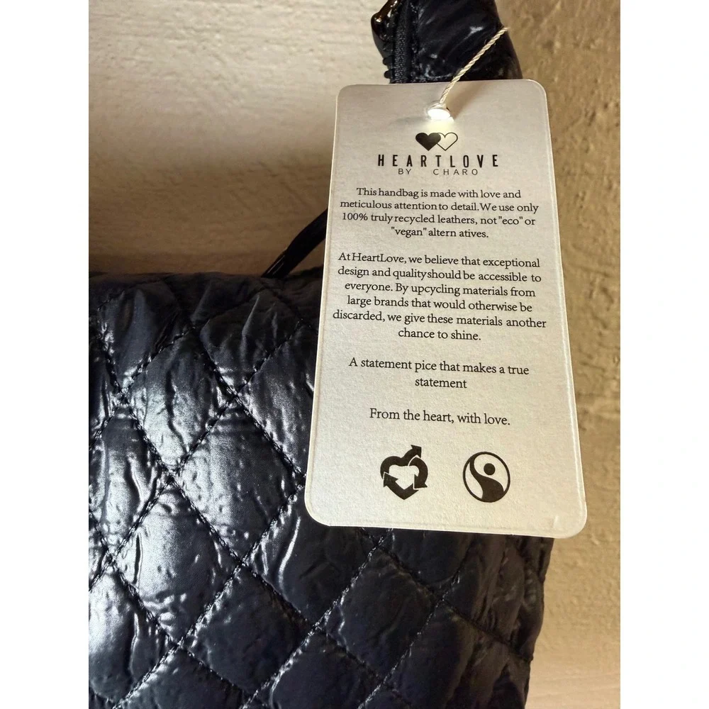 HeartLove by Charo Black Quilted Puffer Hobo Bag‎ Recycled Vegan Leather NWT